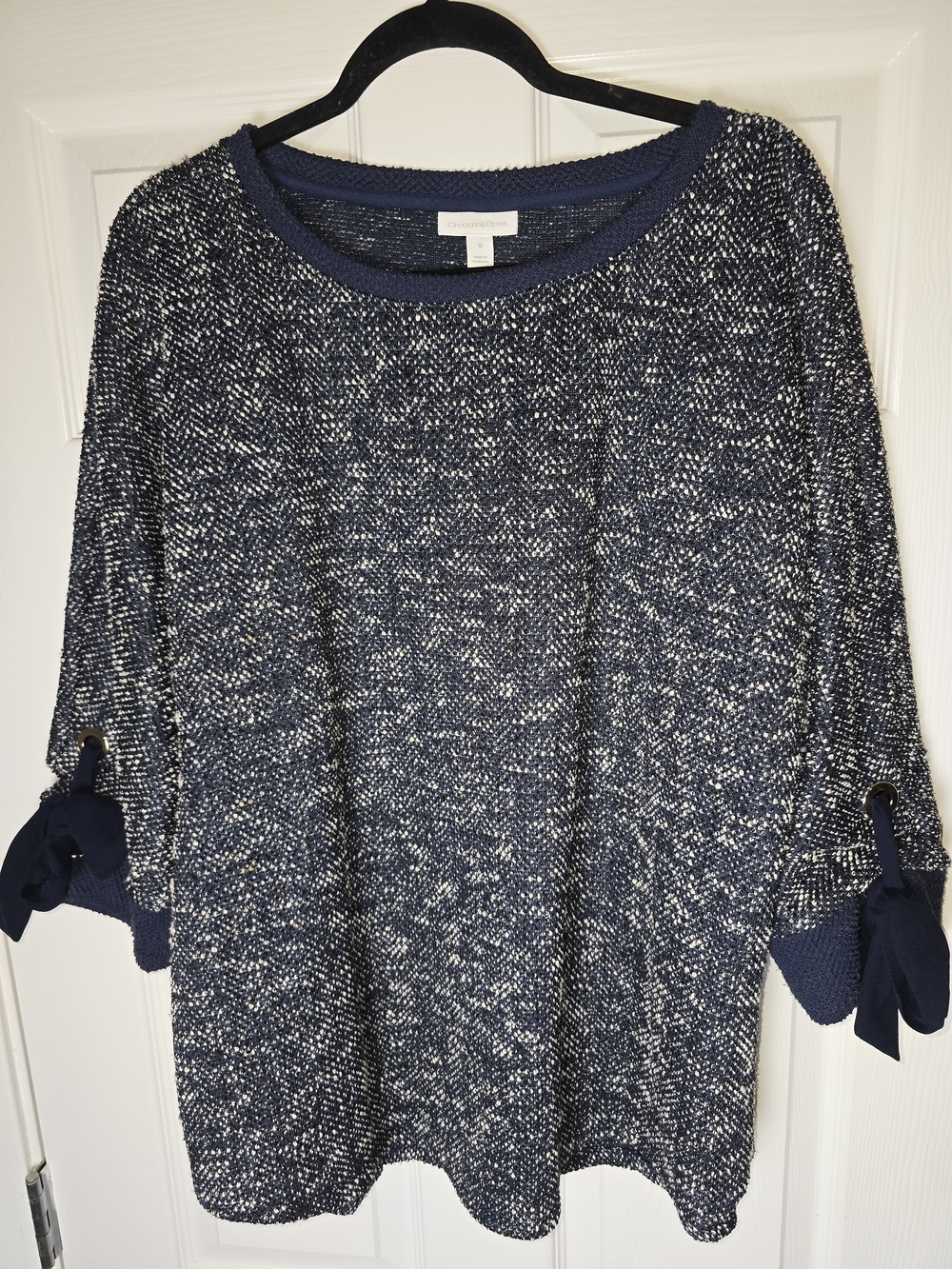 Charter Club Textured Navy & White Knit Sweater with Tie Sleeve Detail Size 1x